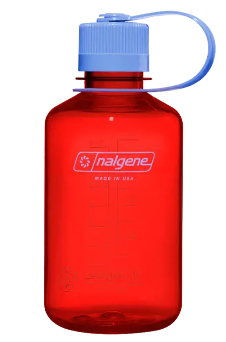 Red Nalgene water bottle with a blue cap on a white background