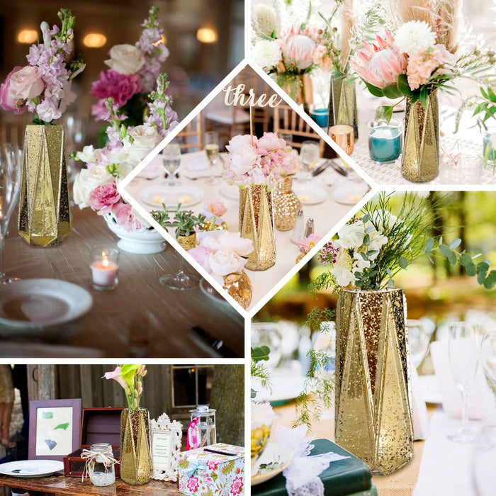 Gold geometric vases with flowers on elegantly set tables at an event.