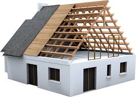 3D rendering of a partially constructed house roof showing wooden framing and asphalt shingles installation process