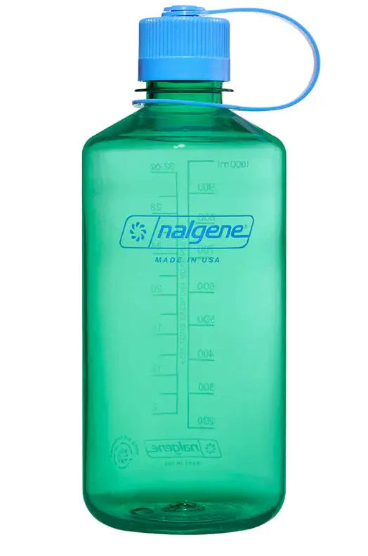 Green Nalgene water bottle with blue cap on a white background