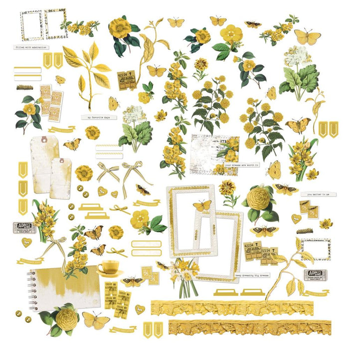 49 And Market - Mini Laser Cut Outs Elements - Color Swatch: Ochre. The mini laser cut set includes 126 smaller elements on 4 sheets that measure 6x8" sheets. Available at Embellish Away located in Bowmanville Ontario Canada.