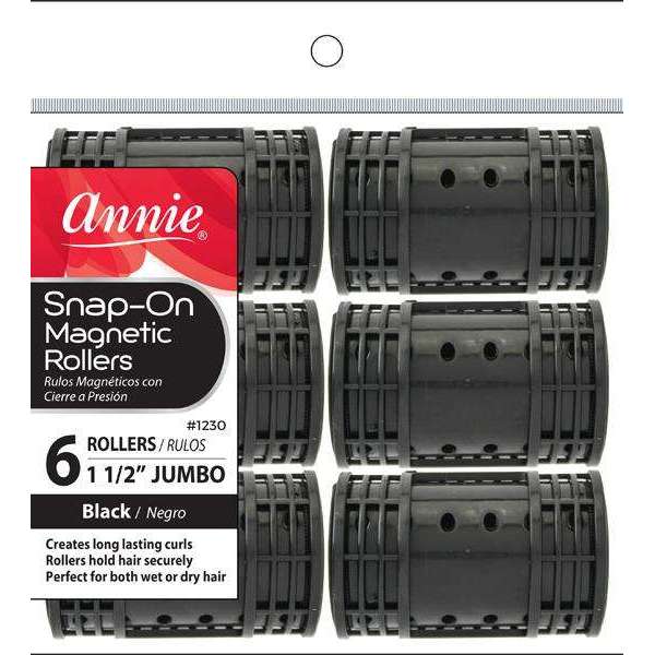 Annie Snap-On Magnetic Hair Rollers 1 1/2 Inch Jumbo, 6 Count, Black