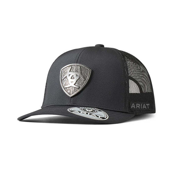 Ariat Engraved Metal Shield Mesh Snap Curved Hats & Caps Ariat Black OS