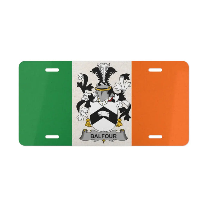 Balfour Irish flag license plate featuring the family crest