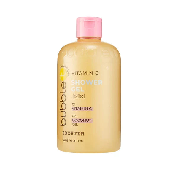 bubble t vitamin c & coconut oil shower gel 500ml, revitalising shower gel with vitamin c and coconut oil, brightens and hydrates skin, suitable for daily use