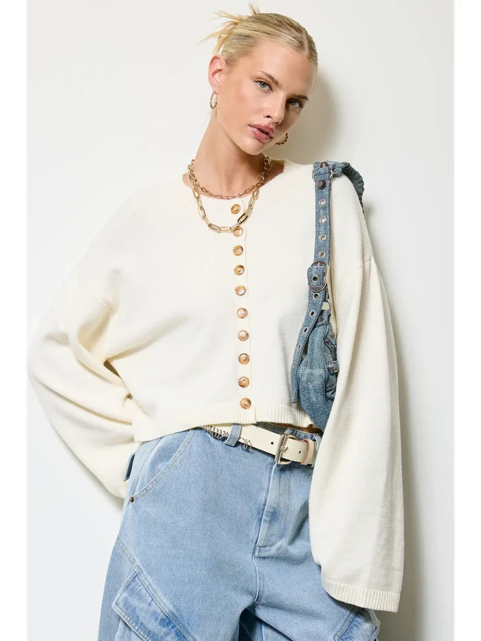 Cream Button Front Cropped Knit Cardigan