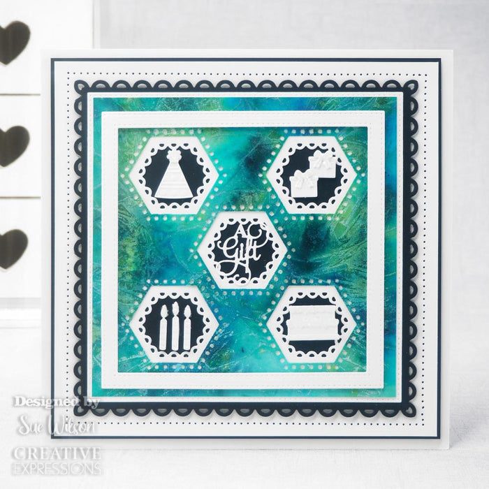 Creative Expressions - Mini Expressions Collection - Stacked A Gift For You. This two die set is a useful pair of dies that can be used together or on their own, the text is a mixture of capitals and a very elegant script that will really pop on cards, tags and even scrapbook pages. Available at Embellish Away located in Bowmanville Ontario Canada. Card design by Sue Wilson.