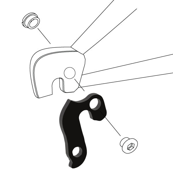 Hanger #102 attaches to the rear dropout from the outside or derailleur side using one M8 chainring bolt.