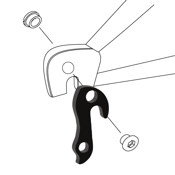 Hanger #105 attaches to the rear dropout from the outside or derailleur side using one M8 chainring bolt.