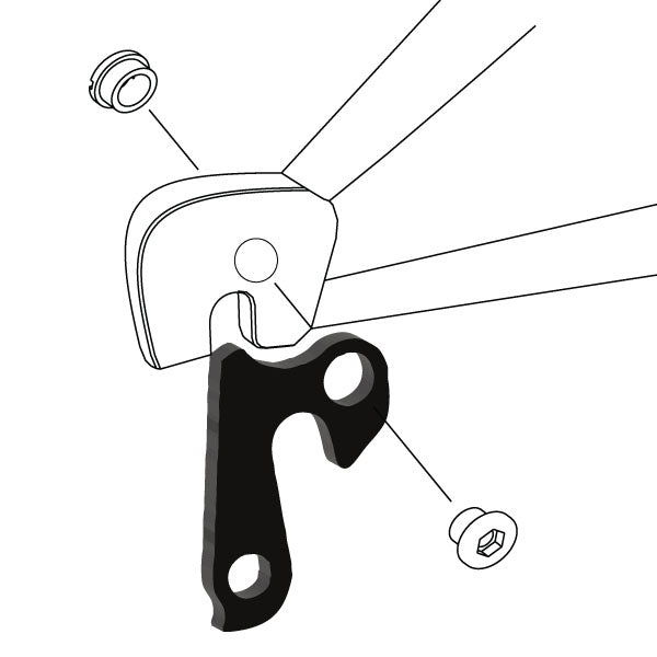 Hanger #108 attaches to the rear dropout from the outside or derailleur side using one M8 chainring bolt.