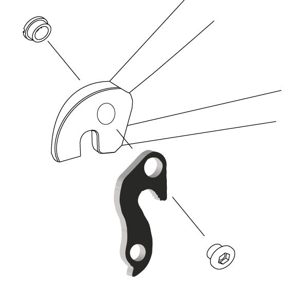 Hanger #11 attaches to the rear dropout from the outside or derailleur side using one M8 chainring bolt.