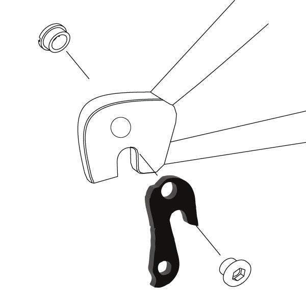 Hanger #114 attaches to the rear dropout from the outside or derailleur side using one M8 chainring bolt.