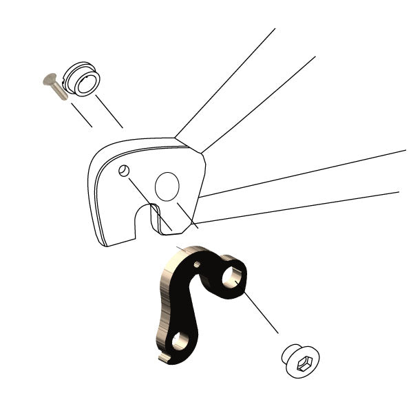 Hanger #240 attaches to the frame's rear dropout from the outside, or derailleur side using one M4x8 screw and one chainring bolt