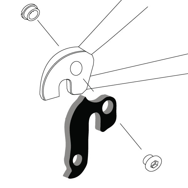 Hanger #7 attaches to the rear dropout from the outside or derailleur side using one M8 chainring bolt.