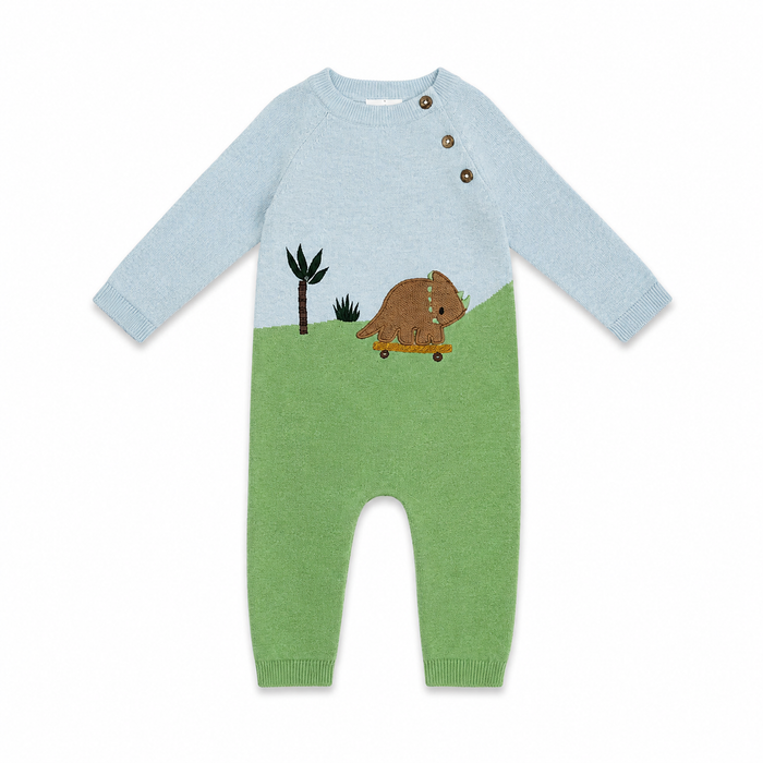 front of Dino Skater Jacquard Knit Baby Jumpsuit made with organic cotton