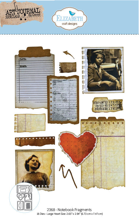 Elizabeth Craft - Die - Notebook Fragments. Includes 18 Dies. Available at Embellish Away located in Bowmanville Ontario Canada.
