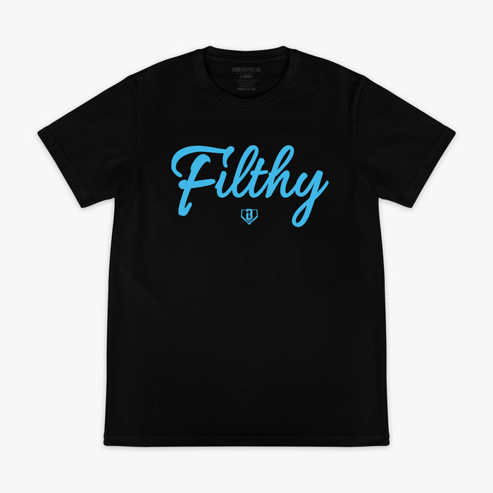 Black and light blue Filthy graphic tee — front view