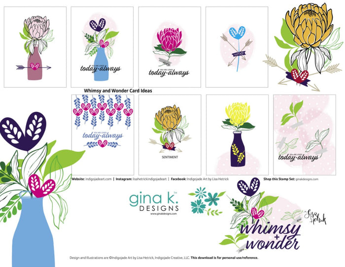 Gina K. Designs - Stamp & Die Set - Whimsy And Wonder. Whimsy and Wonder is a set by Lisa Hetrick. This set is made of premium clear photopolymer and measures 6" X 8". Made in the USA. Available at Embellish Away located in Bowmanville Ontario Canada. Example Board by Lisa Hetrick. For Personal Use only.