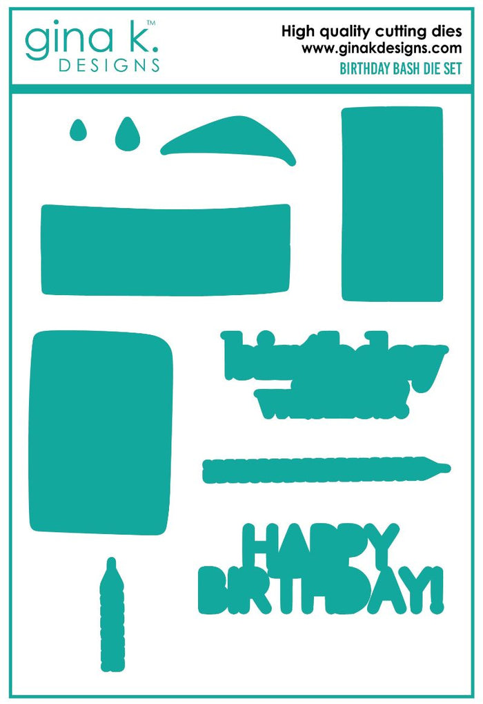 Gina K. Designs - Stamps - Birthday Bash. Birthday Bash is a stamp set by Gina K Designs. This set is made of premium clear photopolymer and measures 6" X 8". Made in the USA Coordinating die set Birthday Bash sold separately. FEATURES Birthday, Cake, Candle, Banner, Layering Available at Embellish Away located in Bowmanville Ontario Canada.