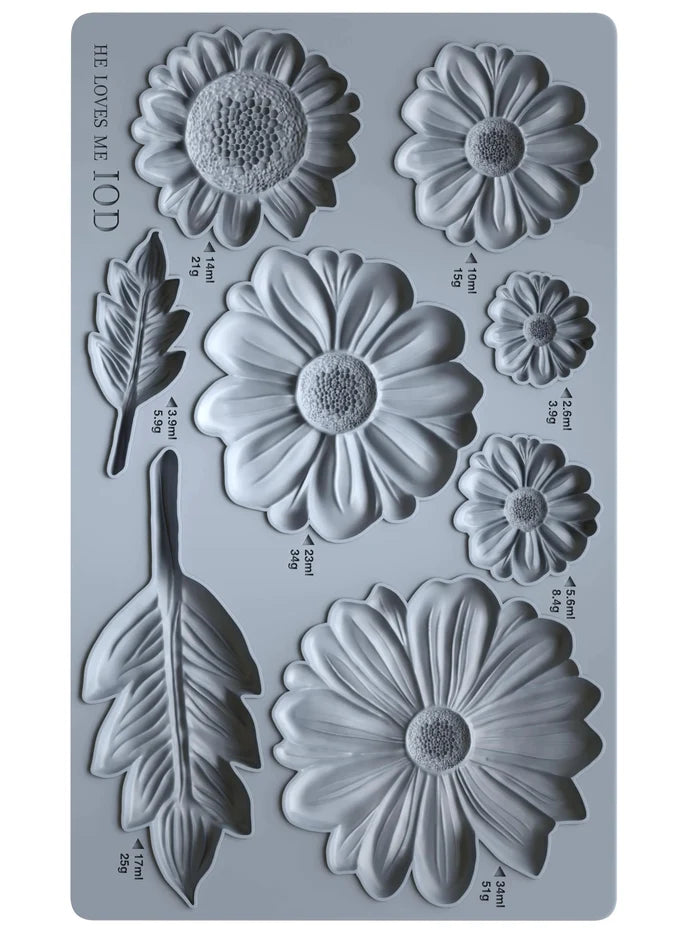 Silicone mold with floral and leaf designs on a gray background