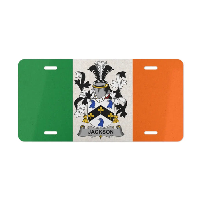 Irish flag license plate featuring the Jackson family crest