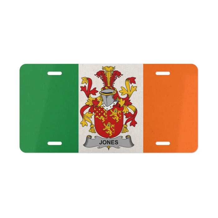 Irish flag license plate featuring the Jones family crest
