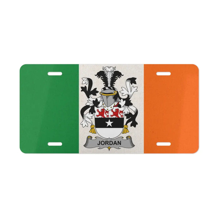 Irish flag license plate featuring the Jordan family crest