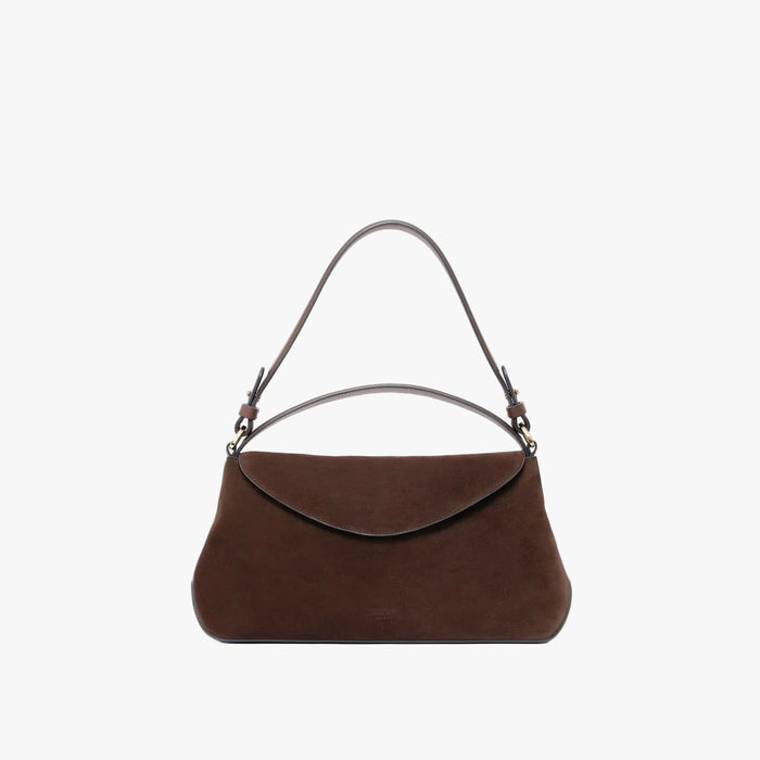 STOW London's East West in Chocolate suede leather on a light grey background featuring the detachable shoulder strap and top handle with gold hardware