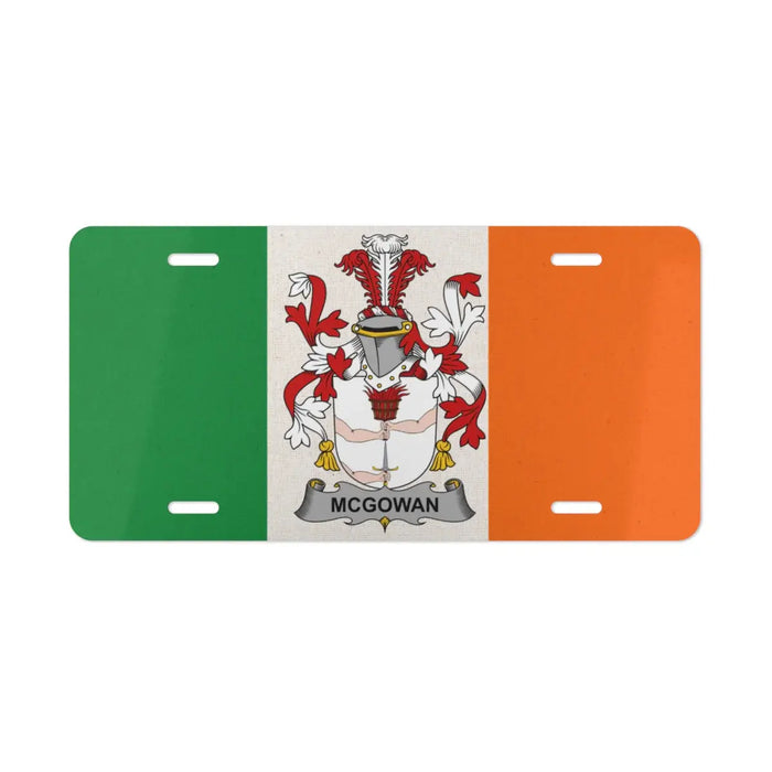 Irish flag license plate featuring the McGowan family crest