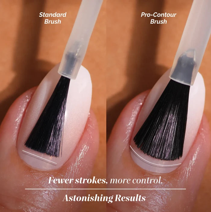 Close-up comparison of a standard brush and a pro-contour brush applying LONDONTOWN Milk Bath nail polish, highlighting differences in stroke coverage and control.