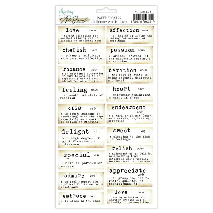 Mintay - 6X12 Art Journal Paper Stickers - Dictionary Words - Love. Available at Embellish Away in Bowmanville Ontario Canada.