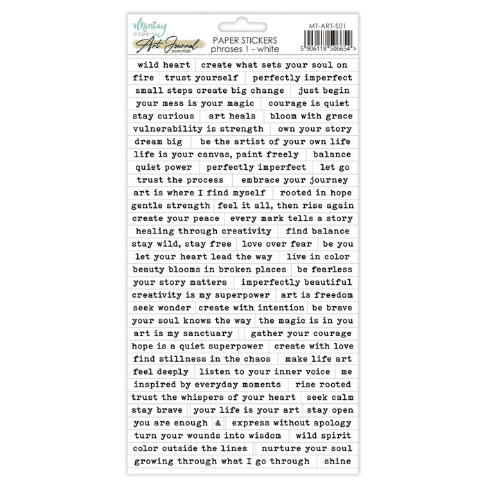 Mintay - 6X12 Art Journal Paper Stickers - Phrases 1 - White. Available at Embellish Away in Bowmanville Ontario Canada.