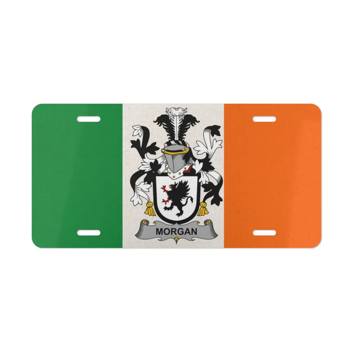 Irish flag license plate featuring the Morgan family crest