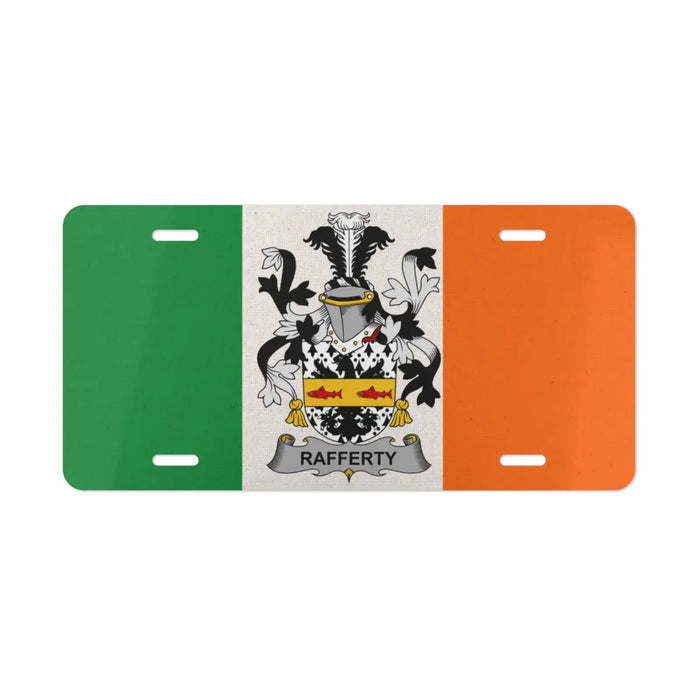 Irish flag license plate featuring the Rafferty family crest