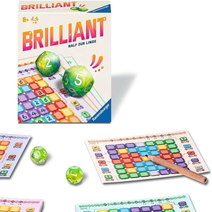 ravensburger Brilliant game set with dice and game board on a white background