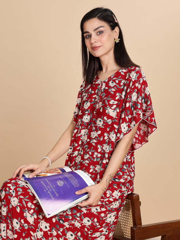 Red Rayon Floral Nightdress For Women For Everyday Wear