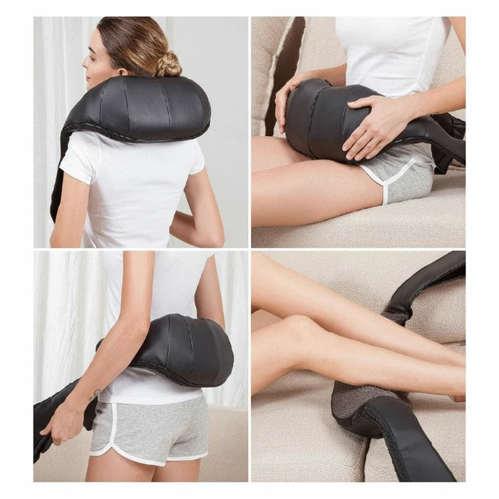 Collage showing the Revalio Shiatsu Neck Shoulder Massager used on the neck lower back abdomen and legs for full body relief.
