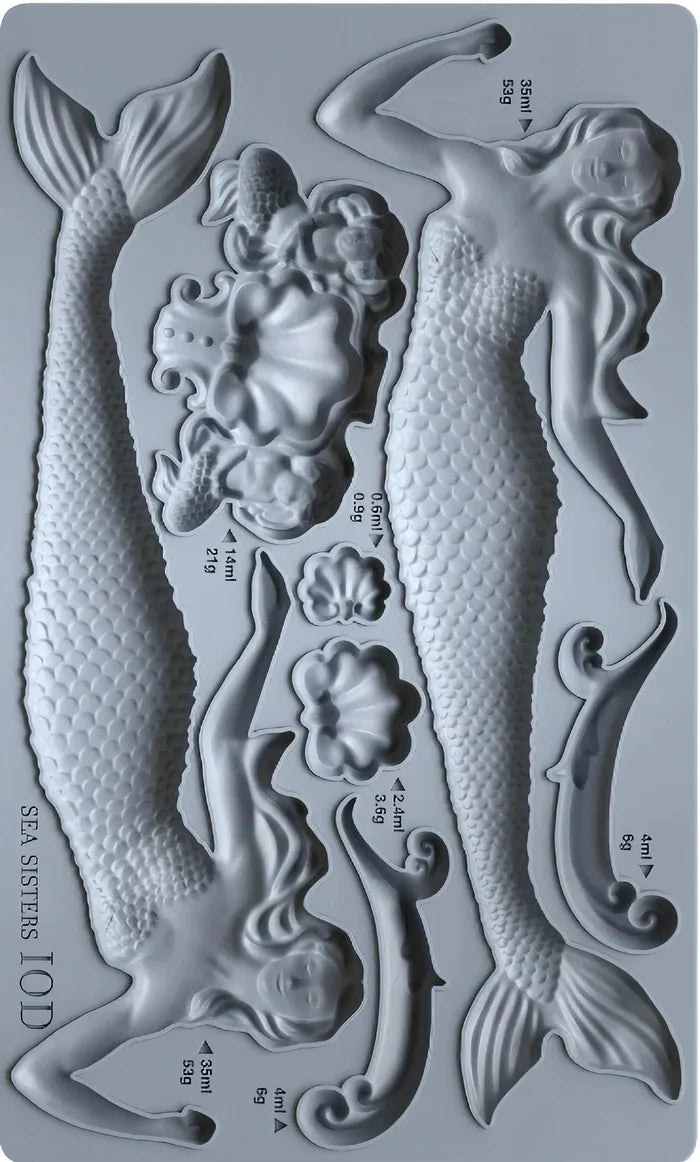 Metallic mold with mermaid and shell designs on a gray background