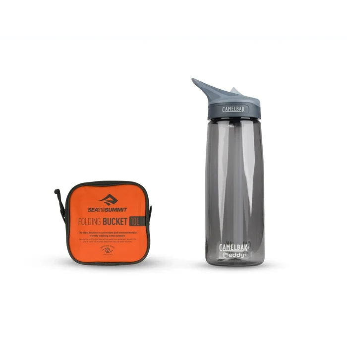 Orange folding bucket and gray CamelBak water bottle on a white background