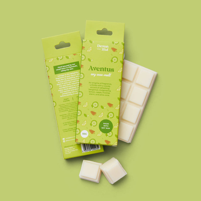 wax bar aventus front view showcasing fragrance notes with vibrant citrus and floral design