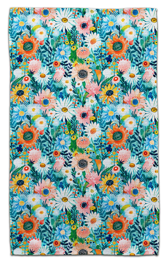 Wild Flowers Blue and Orange Waffle Weave Towel - CJ Bella Co.