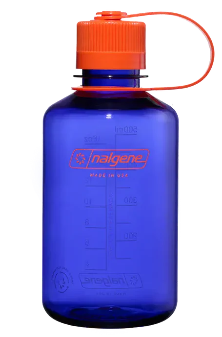 Blue water bottle with an orange cap on a white background