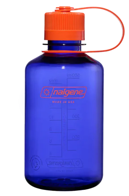 Blue water bottle with an orange cap on a white background
