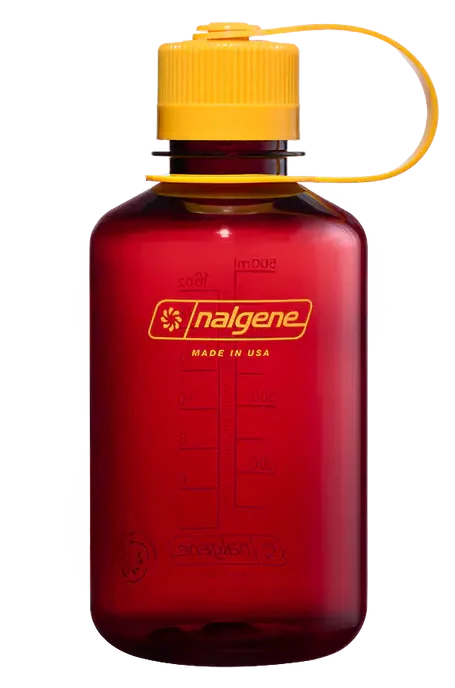 Red Nalgene water bottle with yellow lid on a white background