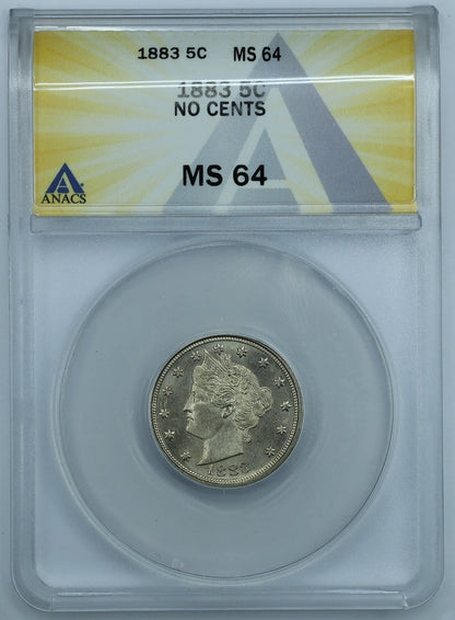1883 Liberty Head V Nickel 5c NO CENTS - ANACS MS64