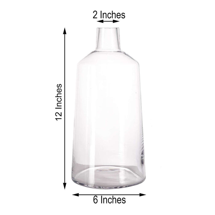 Clear glass vase, 12 inches tall, 6 inches wide, 2 inches opening diameter.