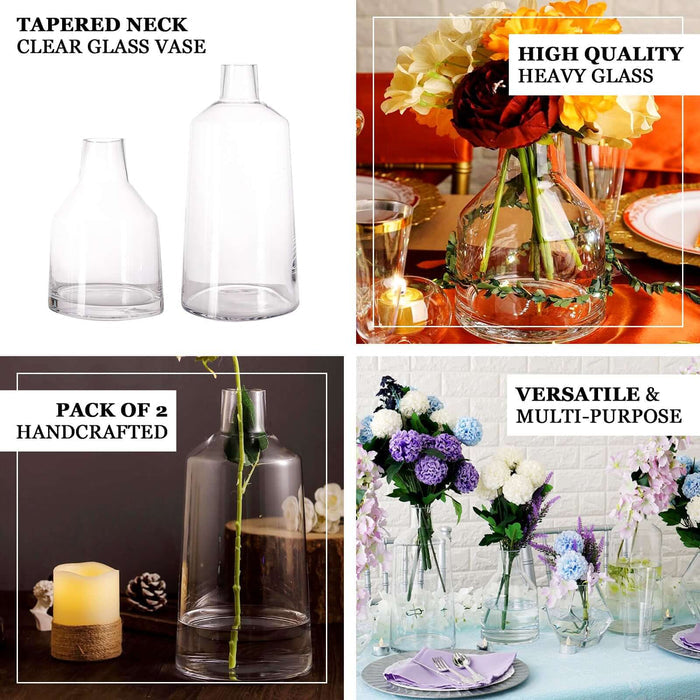 Set of 2 handcrafted clear glass vases with tapered necks for versatile display.