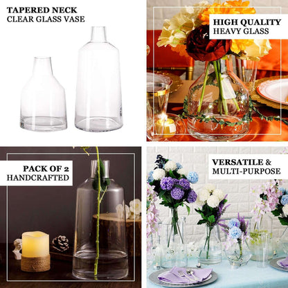 Set of 2 handcrafted clear glass vases with tapered necks for versatile display.