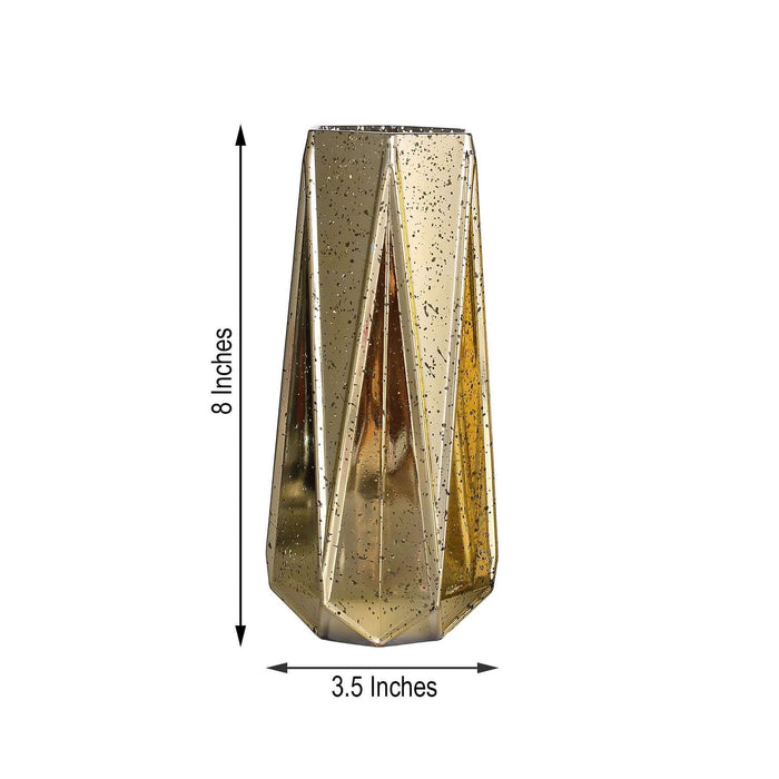 Gold geometric vase, 8 inches tall and 3.5 inches wide.