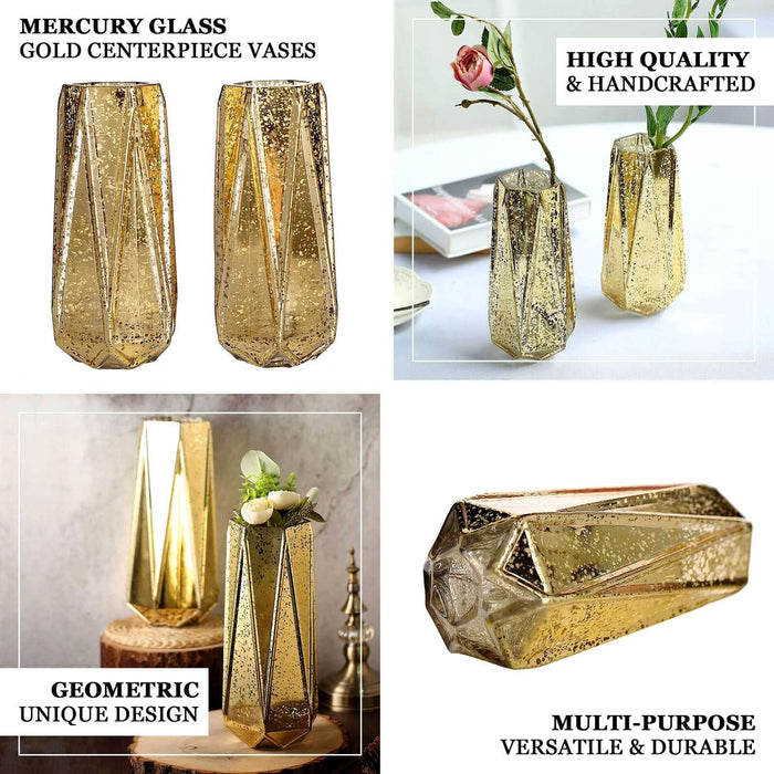 Gold mercury glass vases with geometric design, ideal for centerpieces and decor.